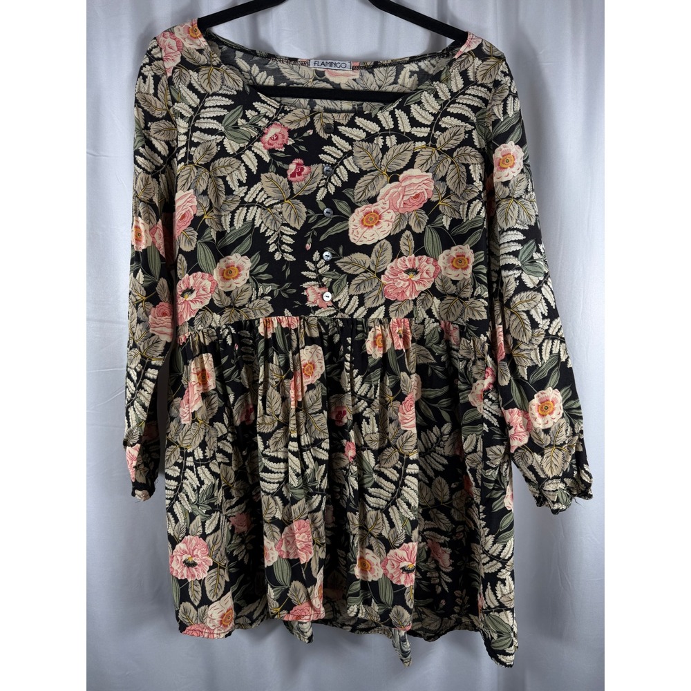 Flamingo Vintage Floral Print Long Sleeve Babydoll Tunic Top Women's Size L